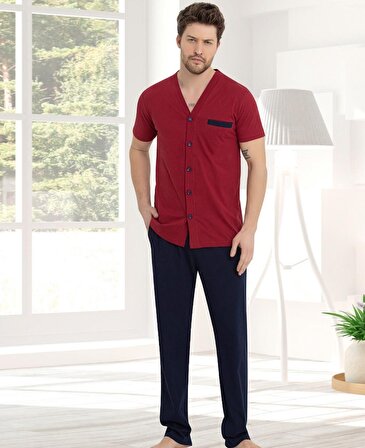 Erkek Önden Düğmeli Gömlek Yaka %100 Pamuk Süprem Kısa Kol Göğüs Cepli Pijama Takımı