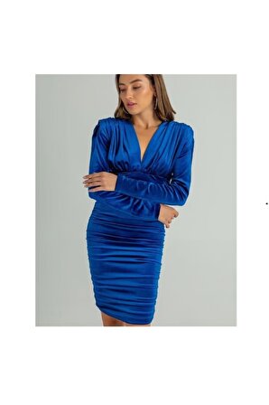 Kadife Kumaş V Yaka Vatkalı Büzgülü Mavi Mini Elbise