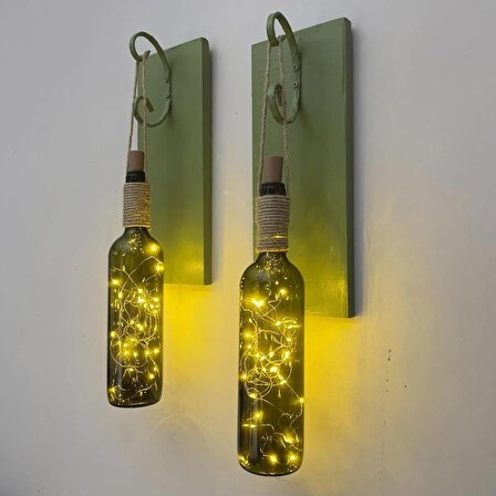 Led Işıklı Yeşil Ahşap Renkli Retro Şarap Şişesi Duvar Aplik 2'li Set