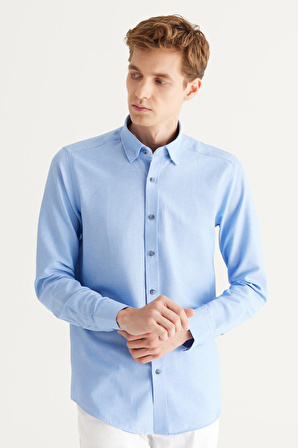 Erkek Mavi Slim Fit Dar Kesim Pamuklu Gizli Düğmeli Yaka Uzun Kollu Oxford Gömlek