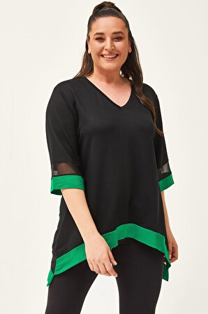 Kadın Büyük Beden Kol Ve Eteği Tül Detay Siyah-Yeşil Bluz