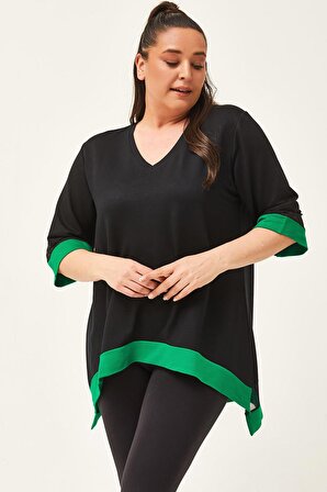 Kadın Büyük Beden Kol Ve Eteği Tül Detay Siyah-Yeşil Bluz