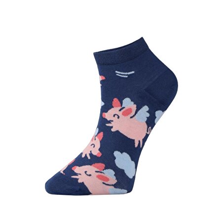 Kadın, Tekli Pamuklu Pembe Domuzcuk Desenli, Koyu Mavi Patik Çorap, Bilek Boy Kısa Koşu Yürüyüş Spor Çorabı 36-40