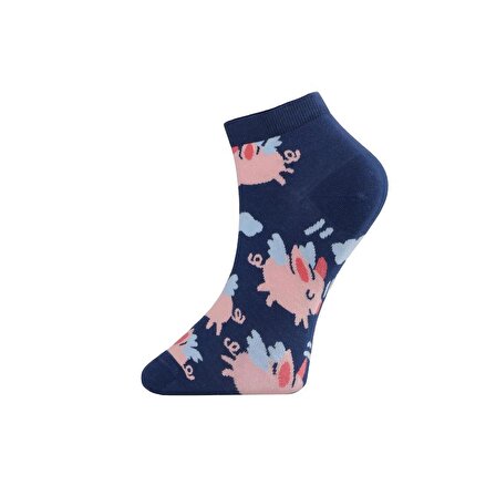 Kadın, Tekli Pamuklu Pembe Domuzcuk Desenli, Koyu Mavi Patik Çorap, Bilek Boy Kısa Koşu Yürüyüş Spor Çorabı 36-40