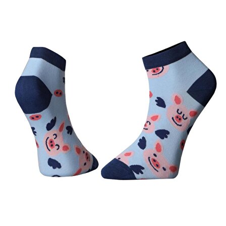Kadın, Tekli Pamuklu Pembe Domuzcuk Desenli, Açık Mavi Patik Çorap, Bilek Boy Kısa Koşu Yürüyüş Spor Çorabı 36-40