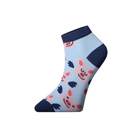 Kadın, Tekli Pamuklu Pembe Domuzcuk Desenli, Açık Mavi Patik Çorap, Bilek Boy Kısa Koşu Yürüyüş Spor Çorabı 36-40