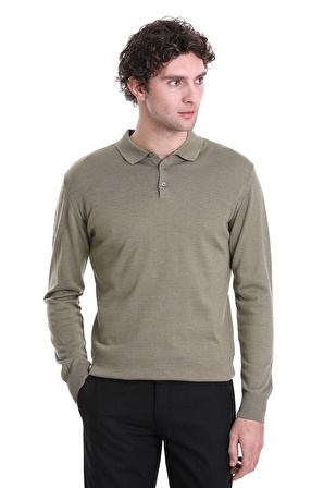 Yeşil Regular Fit Düz Polo Yaka Triko Kazak | XL