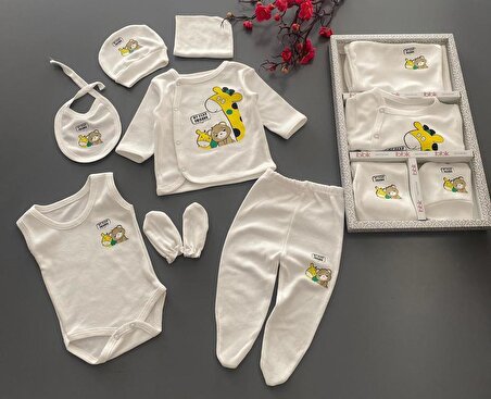 7Parça Kutulu Set-Zürafa Ayıcık Baskılı Ünisex Beyaz Hastane Çıkısı Yenidogan Zıbınlı Bebek Takımı