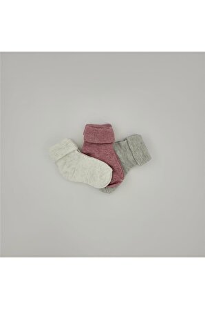 3'lü Simli Pamuklu Bebek Çorabı 0-6 Ay (krem-gri-pembe)