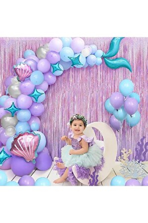 Kız Çocuklar Için Deniz Kızı Balon Mavi Mor Balonlar Folyo Saçak Perde Seti Doğum Günü Parti Süsü