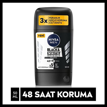 NIVEA Men Erkek Stick Deodorant Black&White Invisible Original ,48 Saat Anti-perspirant Koruma ,50ml