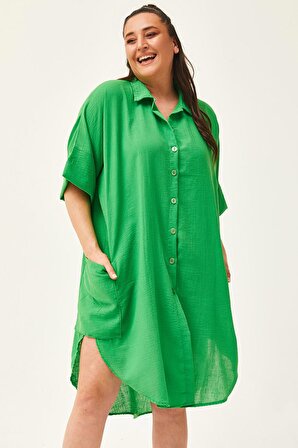 Kadın Büyük Beden Düşük Kol Ekstra Rahat Kalıp Keten Yeşil Gömlek Elbise