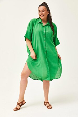 Kadın Büyük Beden Düşük Kol Ekstra Rahat Kalıp Keten Yeşil Gömlek Elbise