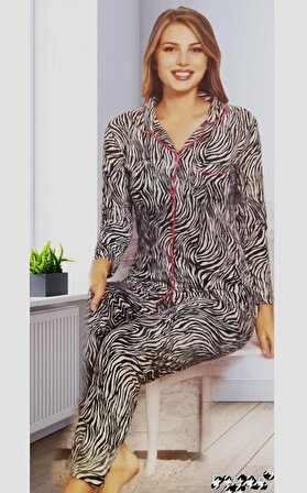 Lila Kadın Siyah Beyaz Önden Düğmeli Uzun Kol Pijama Takımı