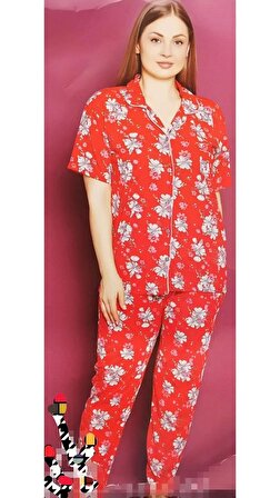 LilaKadın Battal Önden Düğmeli Çiçekli Viskon Penye Pijama Takımı