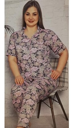 LilaKadın Önden Düğmeli Battal Pembe Lacivert Pijama Takımı
