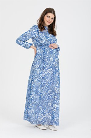 IŞŞIL O7241-Geometrik Çiçek Desen Hamile Şifon Elbise