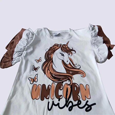 Unicorn Desenli Kol Fırfır Detaylı Kız Çocuk Takım