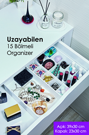 Uzayabilen Ayarlanabilen 15 Bölmeli Çekmece Içi Düzenleyici Organizer Beyaz Renk