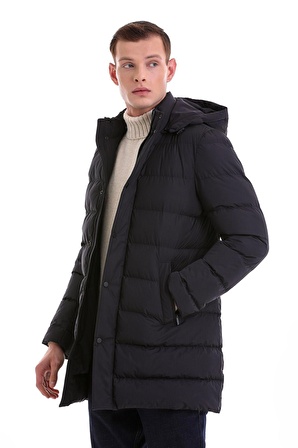 Lacivert Slim Fit Hakim Yaka Kapüşonlu Basic Kaban | XXL