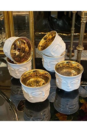 Adler Beyaz Porselen 6 Kişilik Kahve Fincan Takımı Gold Faces Surat Seti