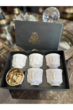 Adler Beyaz Porselen 6 Kişilik Kahve Fincan Takımı Gold Faces Surat Seti