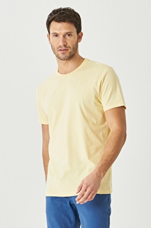 Erkek Sarı %100 Pamuk Slim Fit Dar Kesim Bisiklet Yaka Kısa Kollu Tişört