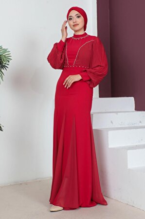 Kol Ve Göğüs Plise Detaylı Tesettür Abiye Elbise 751-Kırmızı