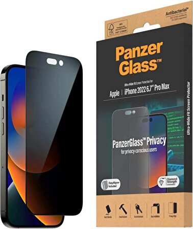 PanzerGlass™ iPhone 14 Pro Max için Gizlilik Ekran Koruyucusu - Ultra Geniş Uyum ve çizilmeye karşı dayanıklı kırılmaz cam iPhone ekran ve gizlilik koruyucusu