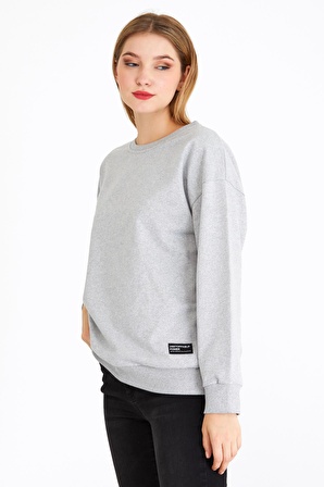 Metalic Kadın Gri Renk Basic Bisiklet Yaka Sweatshirt 