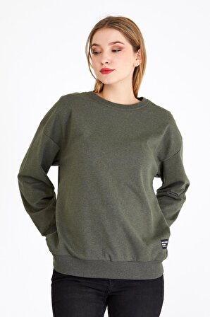 Metalic Kadın Haki Renk Basic Bisiklet Yaka Sweatshirt 