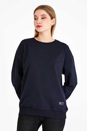 Metalic Kadın Lacivert Renk Basic Bisiklet Yaka Sweatshirt 