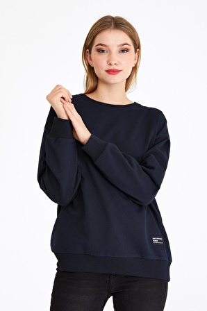 Metalic Kadın Lacivert Renk Basic Bisiklet Yaka Sweatshirt 