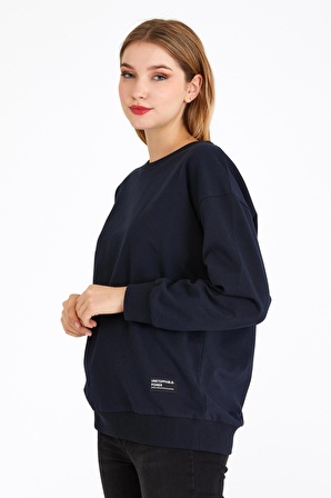 Metalic Kadın Lacivert Renk Basic Bisiklet Yaka Sweatshirt 