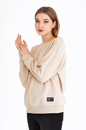 Metalic Kadın Bej Renk Basic Bisiklet Yaka Sweatshirt 