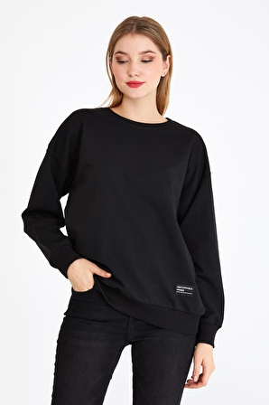 Metalic Kadın Siyah Renk Basic Bisiklet Yaka Sweatshirt 