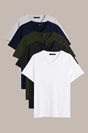 METALIC  Erkek Çok Renkli T- Shirt Regular Fit Rahat Kesim V Yaka 5'li Basic Tişört Paketi