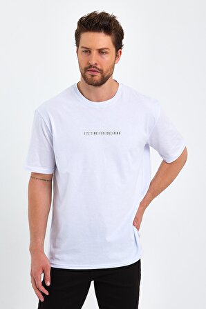  Erkek Beyaz Baskılı Basic Oversize Bisiklet Yaka Kısa Kollu T-shirt 