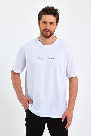  Erkek Beyaz Baskılı Basic Oversize Bisiklet Yaka Kısa Kollu T-shirt 