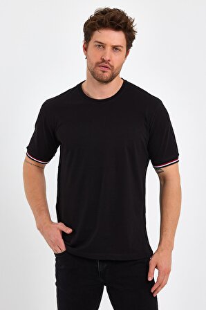 Erkek Basic Kolları Şeritli %100 Pamuk Bisiklet Yaka Regular Fit 3'Lü T-shirt