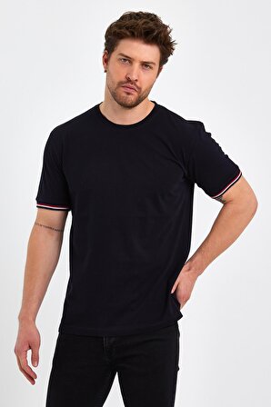 Erkek Basic Kolları Şeritli %100 Pamuk Bisiklet Yaka Regular Fit 3'Lü T-shirt