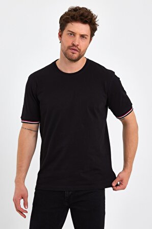 Erkek Siyah Basic Kolları Şeritli %100 Pamuk Bisiklet Yaka Regular Fit T-shirt