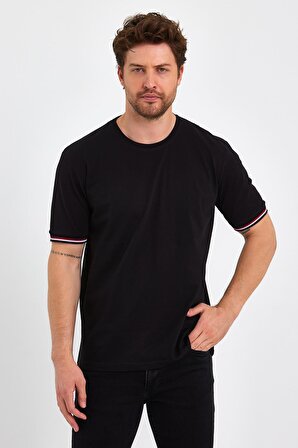 Erkek Siyah Basic Kolları Şeritli %100 Pamuk Bisiklet Yaka Regular Fit T-shirt