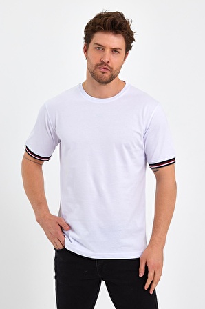 Erkek Basic Kolları Şeritli %100 Pamuk Bisiklet Yaka Regular Fit T-shirt