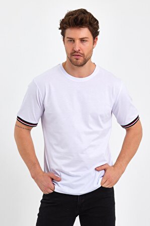 Erkek Basic Kolları Şeritli %100 Pamuk Bisiklet Yaka Regular Fit T-shirt