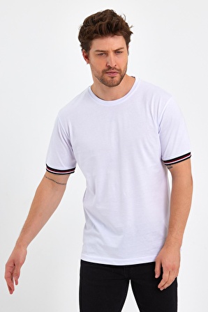 Erkek Basic Kolları Şeritli %100 Pamuk Bisiklet Yaka Regular Fit T-shirt