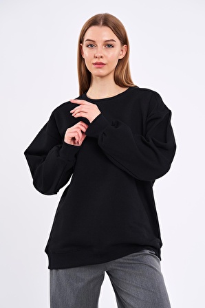 Kadın Siyah Pamuklu Oversize Basic Bisiklet Yaka Sweatshirt