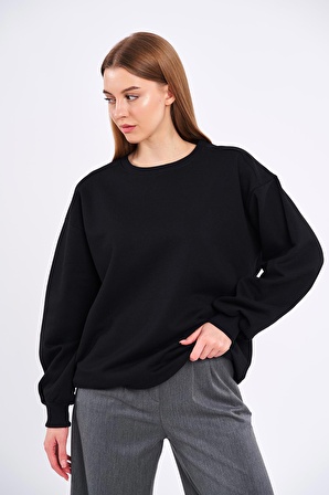 Kadın Siyah Pamuklu Oversize Basic Bisiklet Yaka Sweatshirt