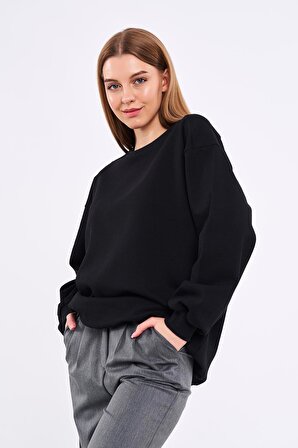 Kadın Siyah Pamuklu Oversize Basic Bisiklet Yaka Sweatshirt