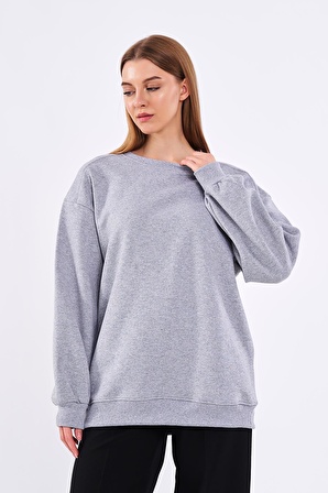 Gri Kadın Pamuklu Oversize Basic Bisiklet Yaka Sweatshirt